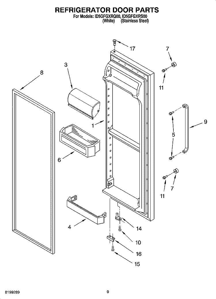 REFRIGERATOR DOOR PARTS Diagram and Parts List for ID5GFGXRQ00  Whirlpool Refrigerator