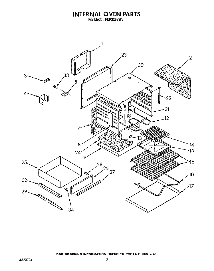 INTERNAL OVEN Diagram and Parts List for FEP320VW0  Roper Range