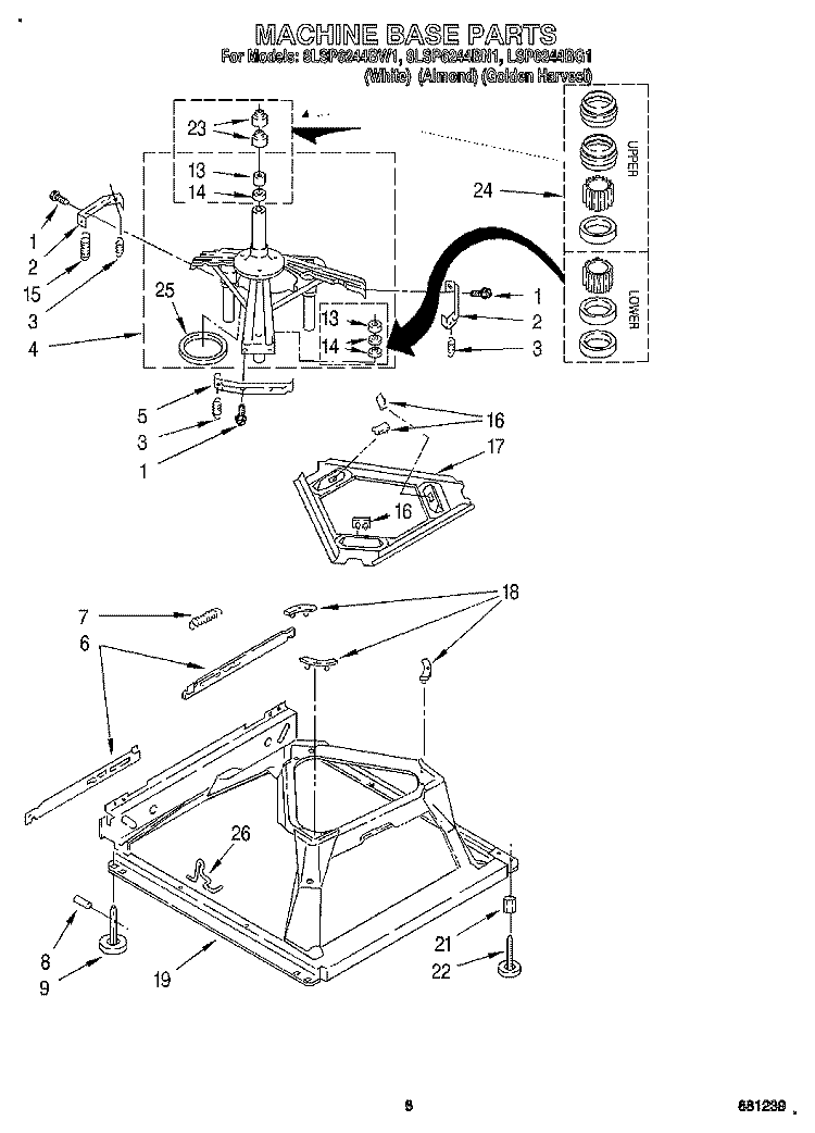 MACHINE BASE Diagram and Parts List for 8LSP6244BG1  Whirlpool Washer