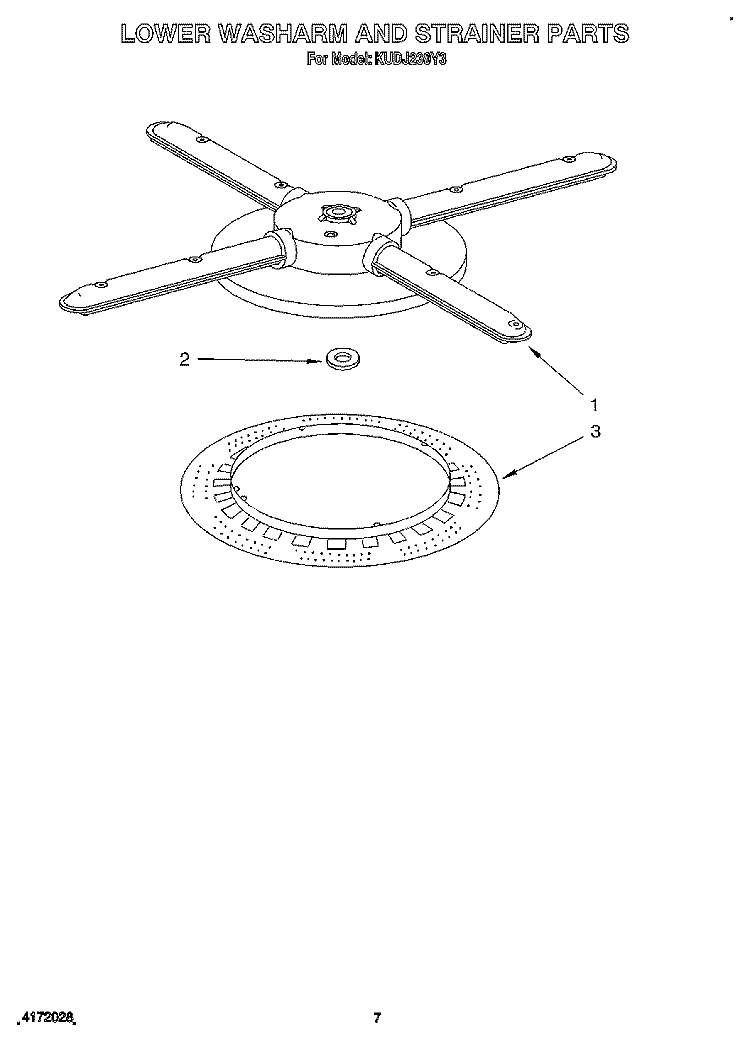 LOWER WASHARM AND STRAINER Diagram and Parts List for KUDJ230Y3  KitchenAid Dishwasher