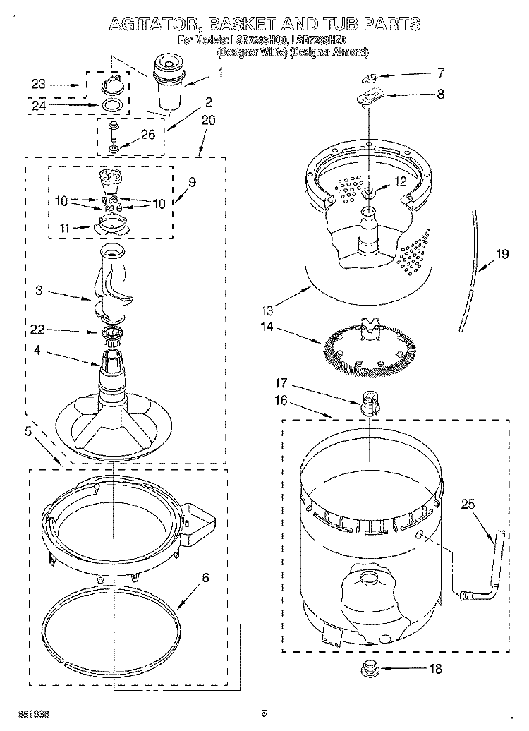 AGITATOR, BASKET AND TUB Diagram and Parts List for LSR7233HZ0  Whirlpool Washer