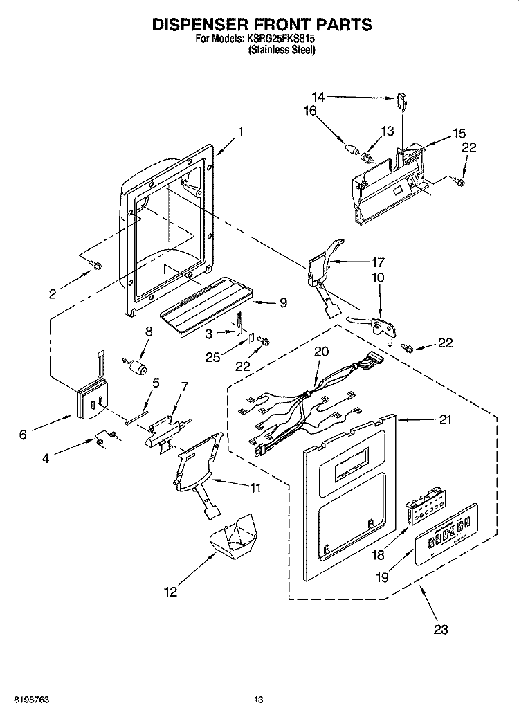 DISPENSER FRONT PARTS Diagram and Parts List for KSRG25FKSS15  KitchenAid Refrigerator
