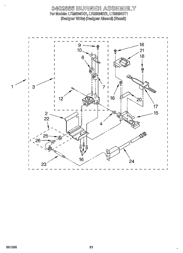 3402855 BURNER Diagram and Parts List for LTG6234DT1  Whirlpool Washer Dryer Combo