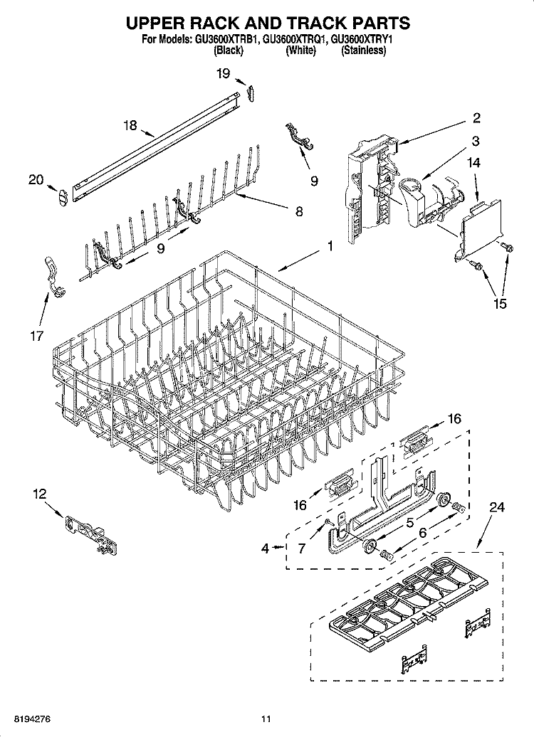 UPPER RACK AND TRACK PARTS Diagram and Parts List for GU3600XTRB1  Whirlpool Dishwasher