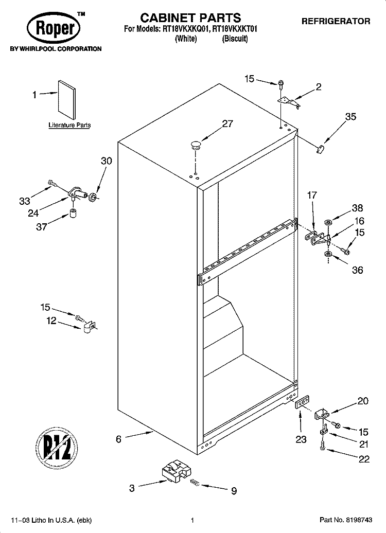 CABINET PARTS Diagram and Parts List for RT18VKXKQ01  Roper Refrigerator