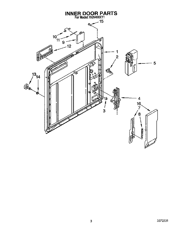 INNER DOOR Diagram and Parts List for DU9400XY1  Whirlpool Dishwasher