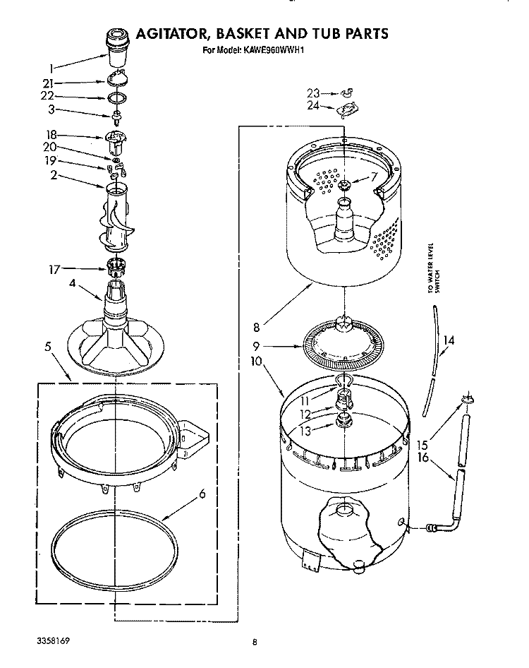 AGITATOR, BASKET AND TUB Diagram and Parts List for KAWE960WAL1  Whirlpool Washer