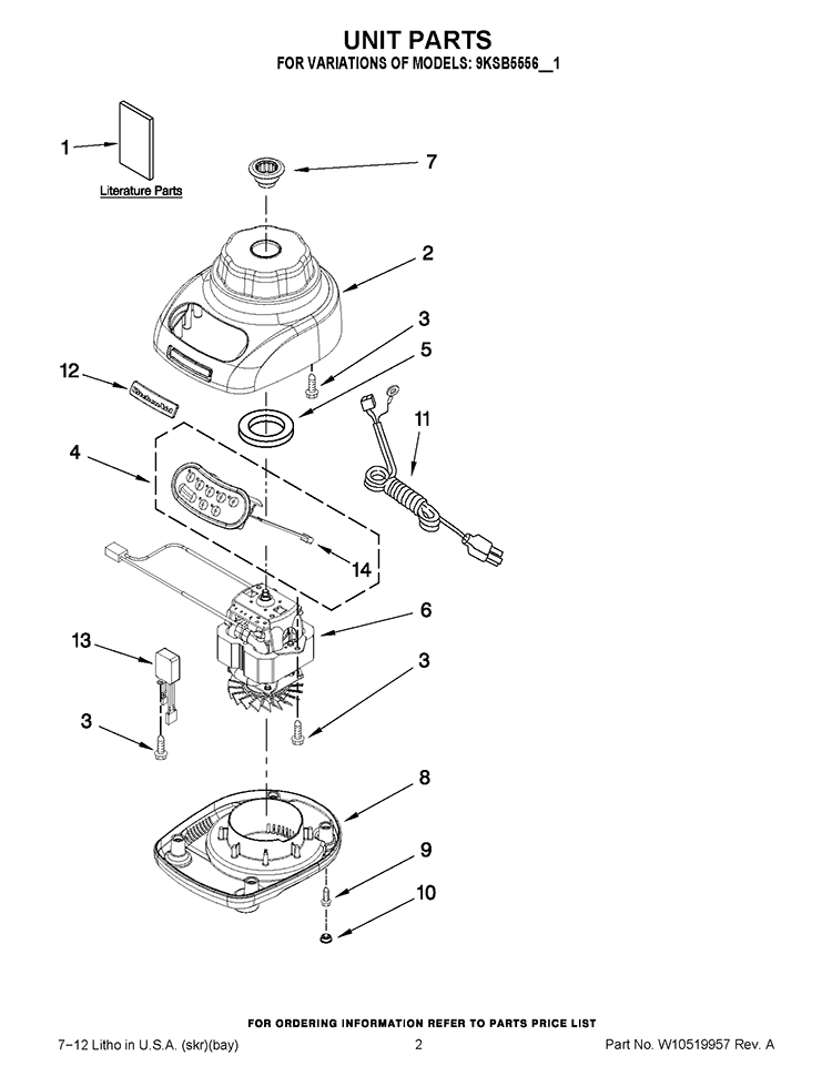 UNIT PARTS Diagram and Parts List for 9KSB5556ER1  KitchenAid Blender