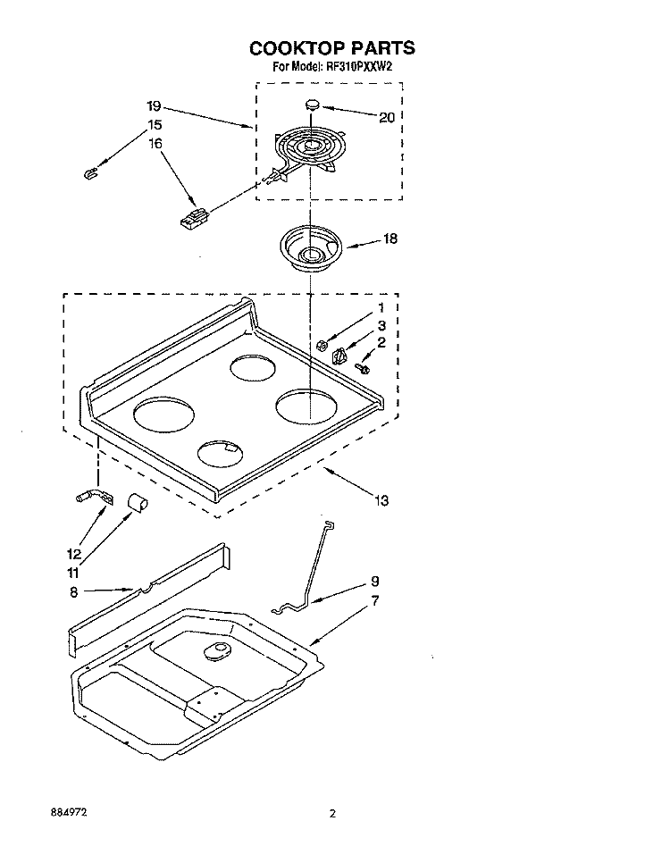 COOKTOP Diagram and Parts List for RF310PXXN2  Whirlpool Range