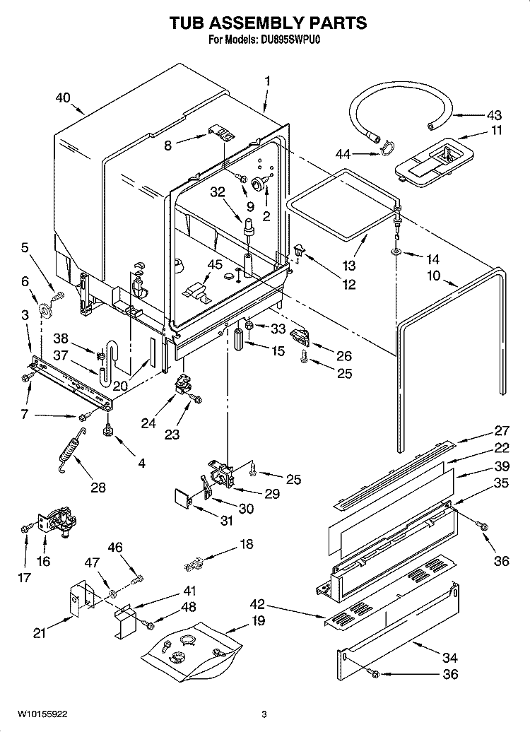 TUB ASSEMBLY PARTS Diagram and Parts List for DU895SWPU0  Whirlpool Dishwasher
