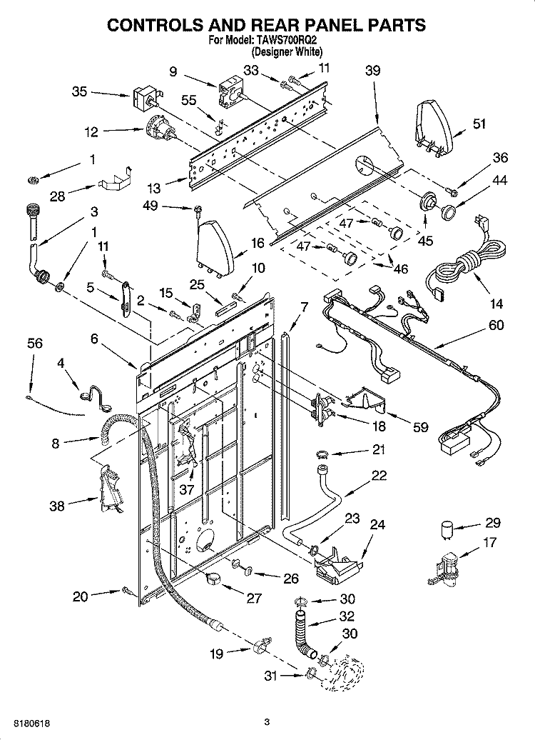 CONTROLS AND REAR PANEL PARTS Diagram and Parts List for TAWS700RQ2  Estate Washer