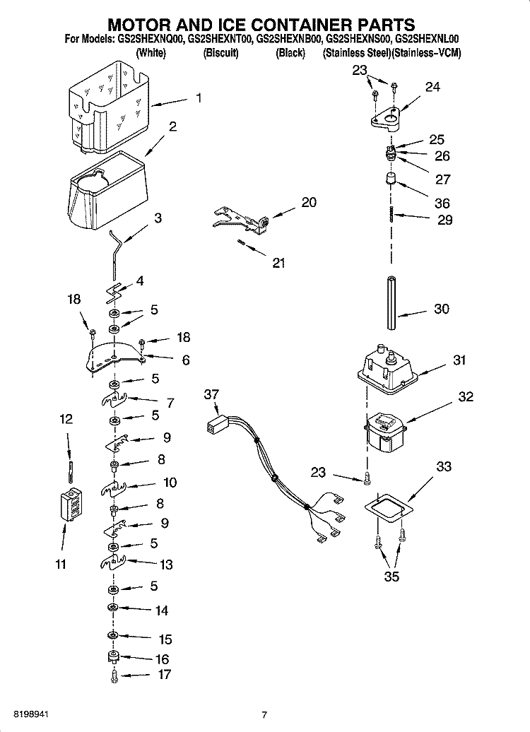 MOTOR AND ICE CONTAINER PARTS Diagram and Parts List for GS2SHEXNS00  Whirlpool Refrigerator
