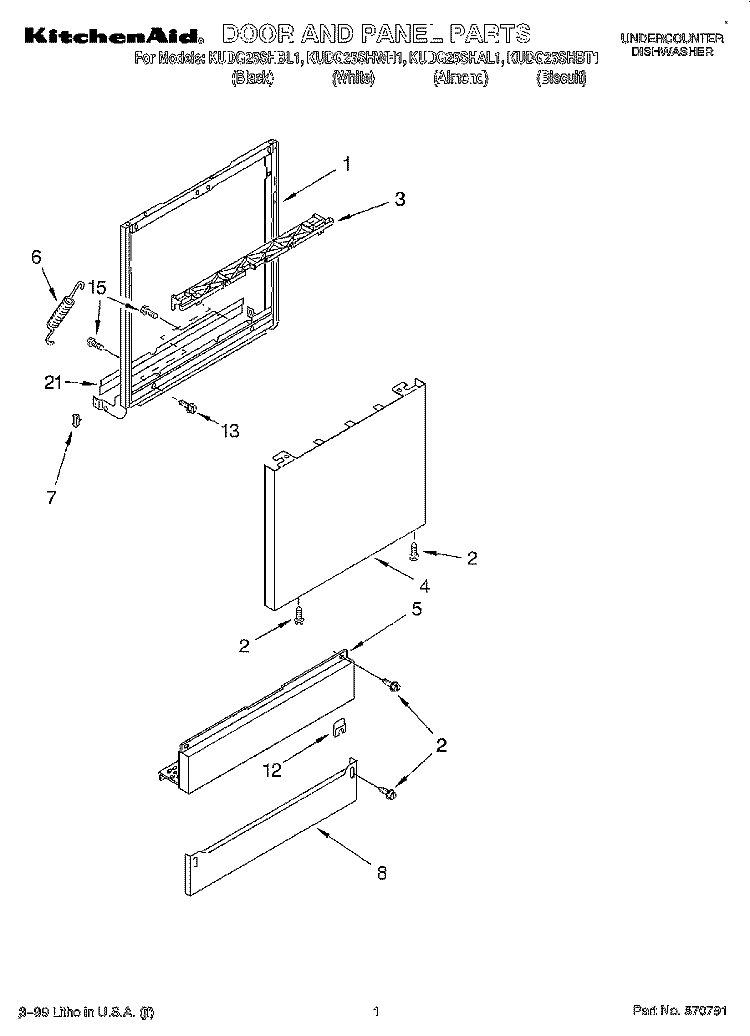 DOOR AND PANEL Diagram and Parts List for KUDG25SHBL1  KitchenAid Dishwasher