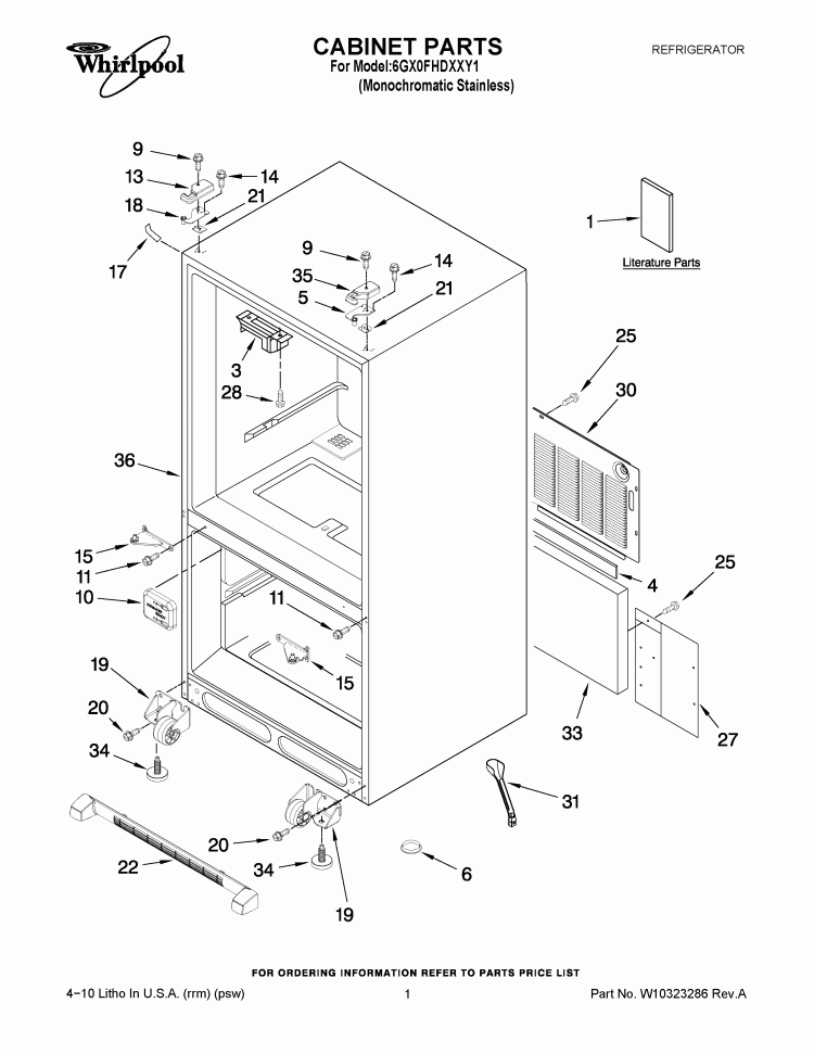 CABINET PARTS Diagram and Parts List for 6GX0FHDXXY1  Whirlpool Refrigerator