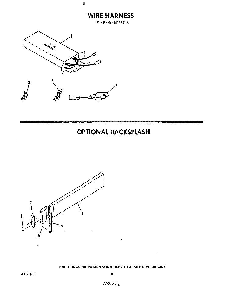 WIRE HARNESS , BACKSPLASH Diagram and Parts List for N9357L3  Roper Range