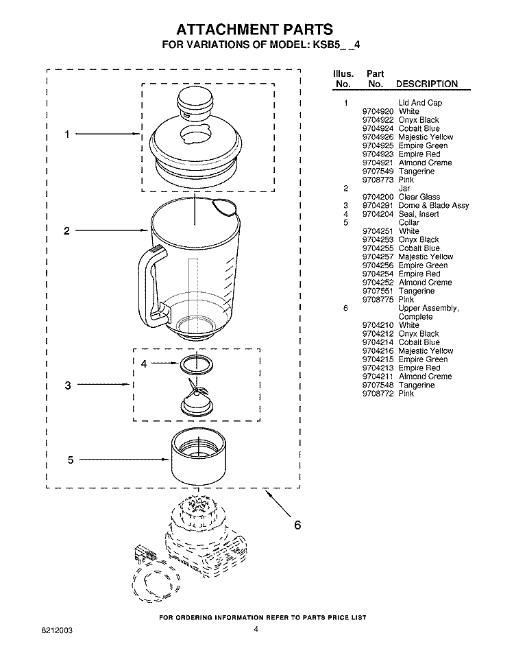 ATTACHMENT PARTS Diagram and Parts List for KSB5WW4  KitchenAid Blender