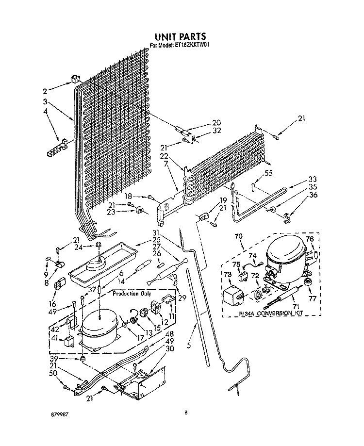UNIT Diagram and Parts List for ET18ZKXTG01  Whirlpool Refrigerator