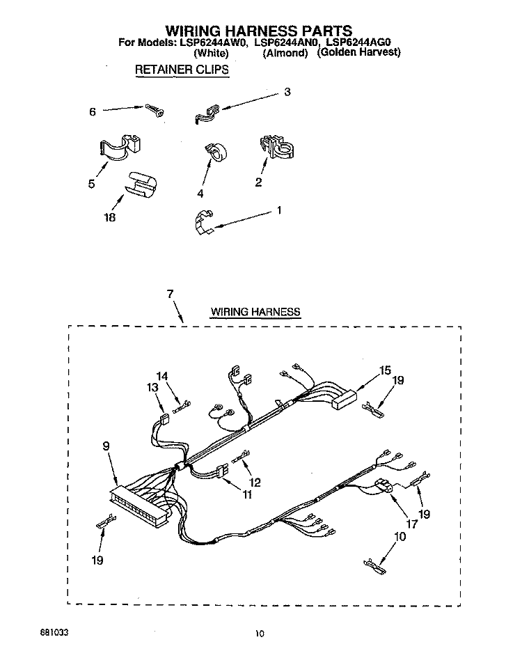 WIRING HARNESS Diagram and Parts List for LSP6244AN0  Whirlpool Washer