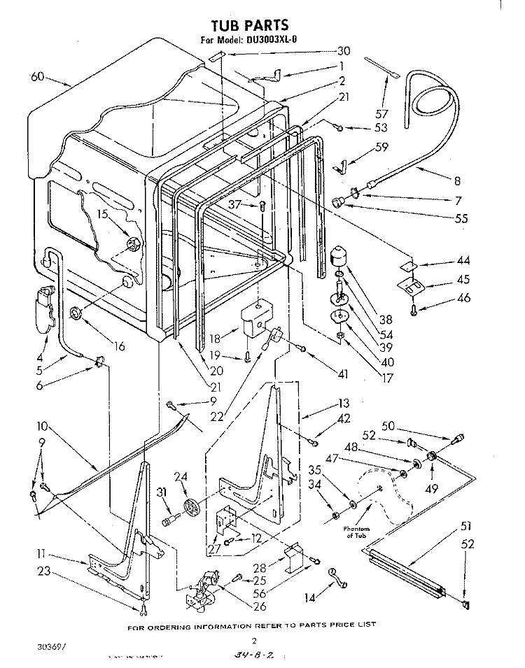 TUB , LITERATURE AND OPTIONAL Diagram and Parts List for DU3003XL0  Whirlpool Dishwasher