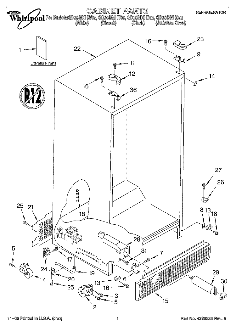 CABINET, LITERATURE Diagram and Parts List for GD25DIXHT00  Whirlpool Refrigerator