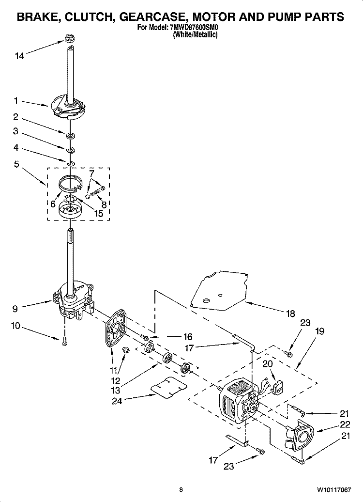 BRAKE, CLUTCH, GEARCASE, MOTOR AND PUMP PARTS Diagram and Parts List for 7MWD87600SM0  Whirlpool Washer