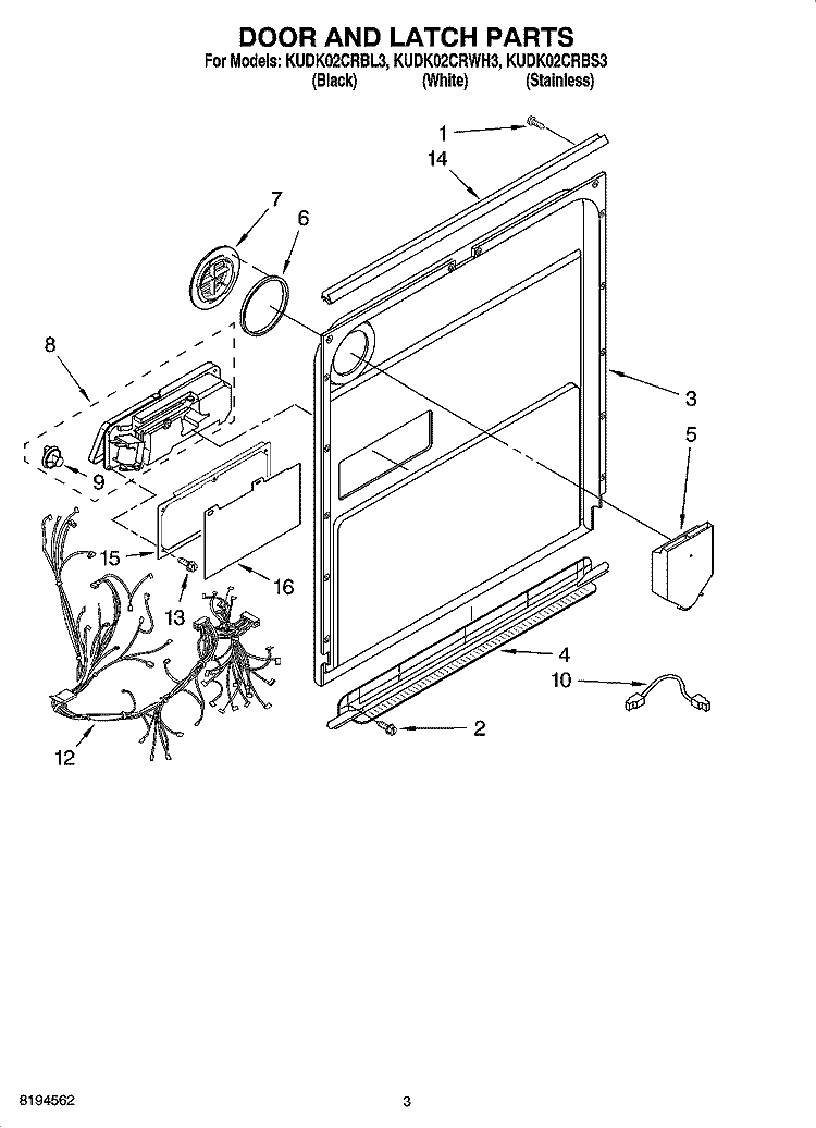DOOR AND LATCH PARTS Diagram and Parts List for KUDK02CRWH3  KitchenAid Dishwasher