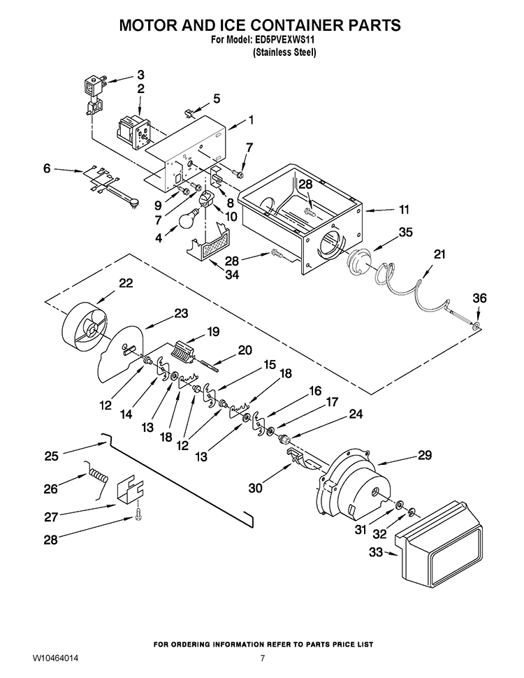 MOTOR AND ICE CONTAINER PARTS Diagram and Parts List for ED5PVEXWS11  Whirlpool Refrigerator