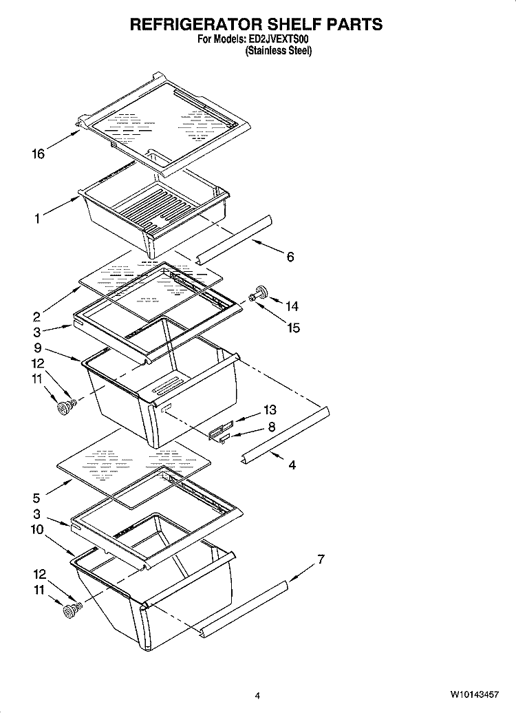 REFRIGERATOR SHELF PARTS Diagram and Parts List for ED2JVEXTS00  Whirlpool Refrigerator