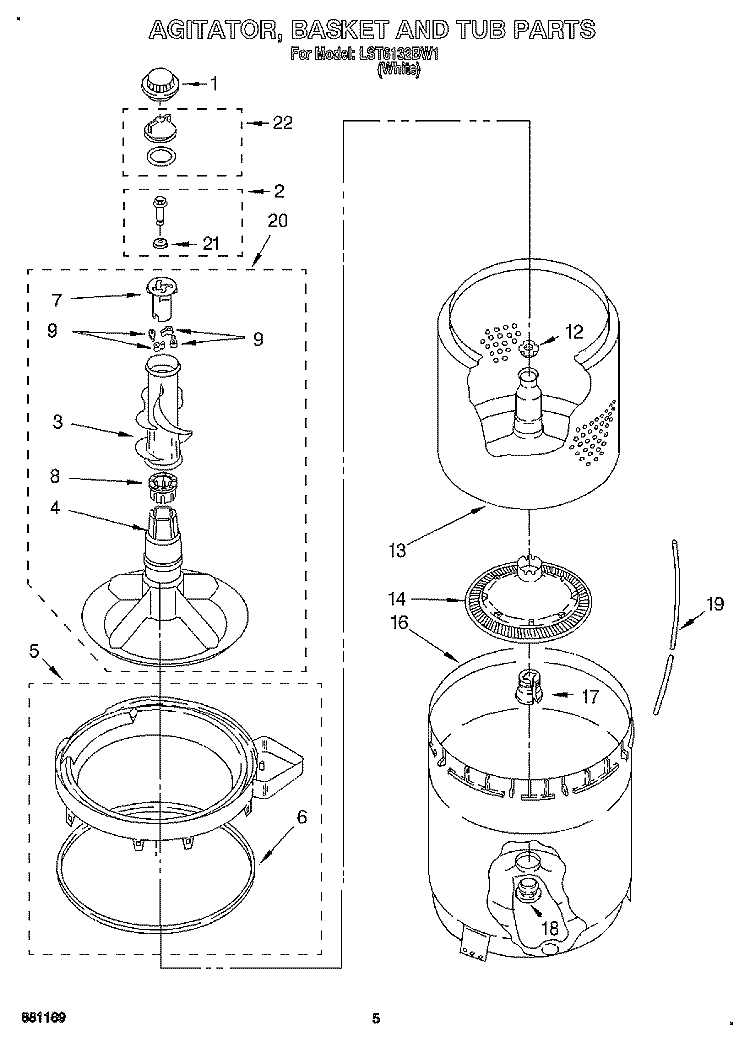 AGITATOR, BASKET AND TUB Diagram and Parts List for LST6132BW1  Whirlpool Washer