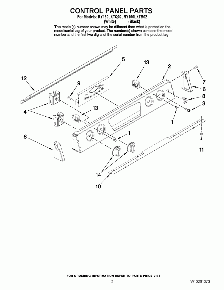 CONTROL PANEL PARTS Diagram and Parts List for RY160LXTB02  Whirlpool Range