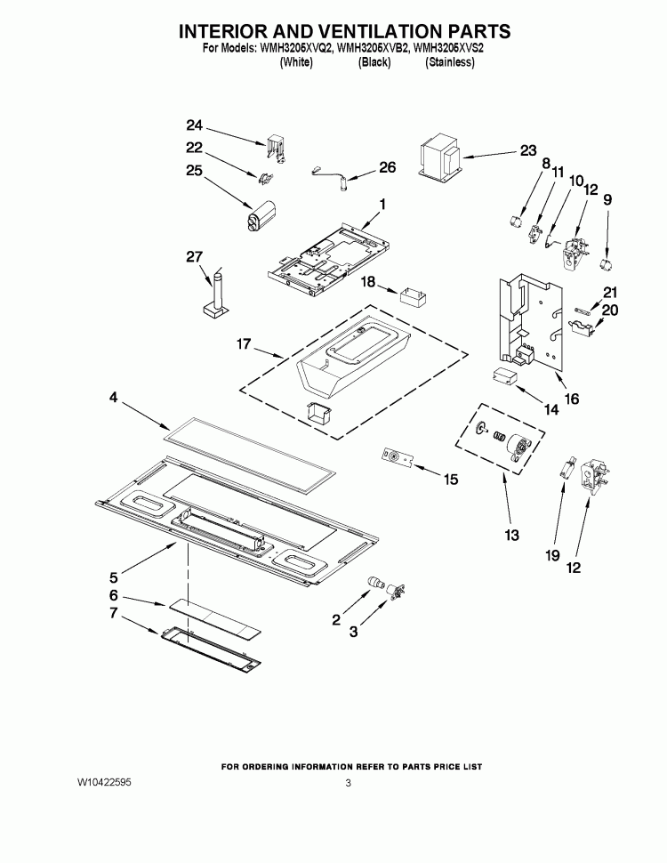 INTERIOR AND VENTILATION PARTS Diagram and Parts List for WMH3205XVB2  Whirlpool Microwave