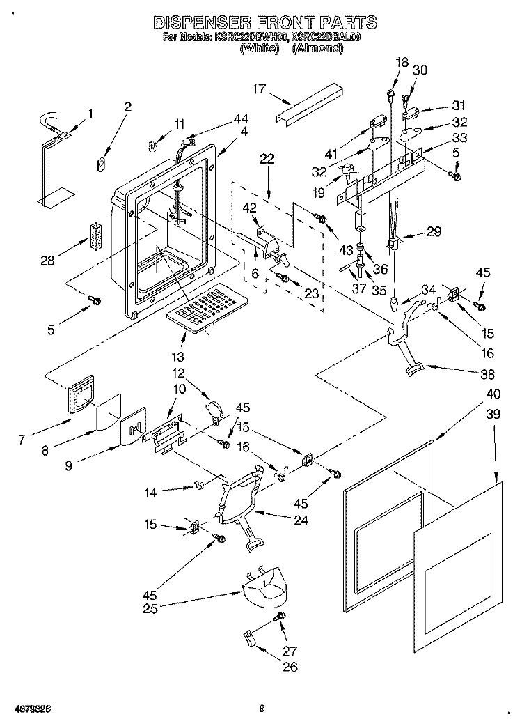 DISPENSER FRONT Diagram and Parts List for KSRC22DBWH00  KitchenAid Refrigerator