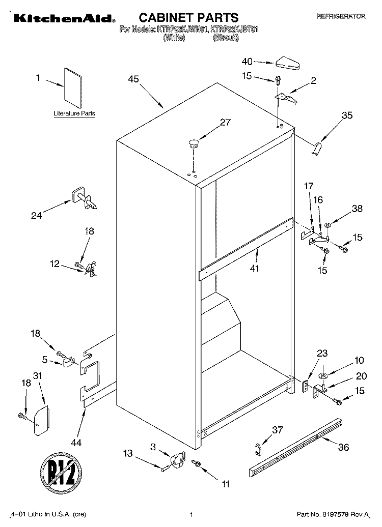 CABINET, LITERATURE Diagram and Parts List for KTRP22KJBT01  KitchenAid Refrigerator