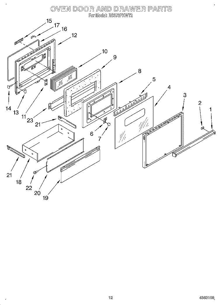 OVEN DOOR AND DRAWER Diagram and Parts List for RS373PXWT2  Whirlpool Range