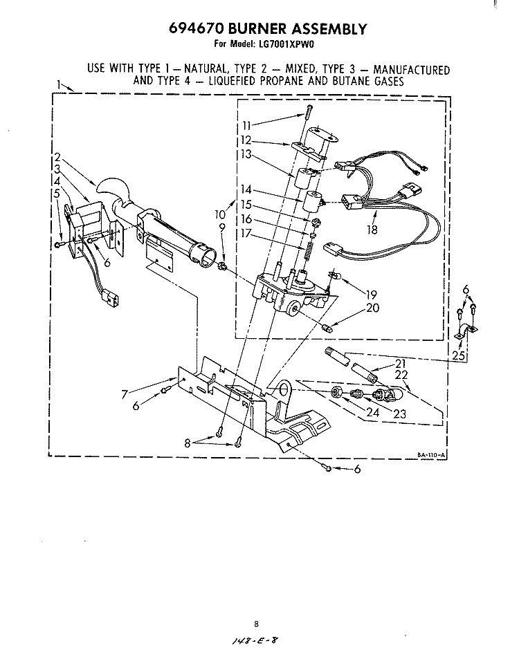 694670 BURNER ASSEMBLY Diagram and Parts List for LG7001XPW0  Whirlpool Dryer