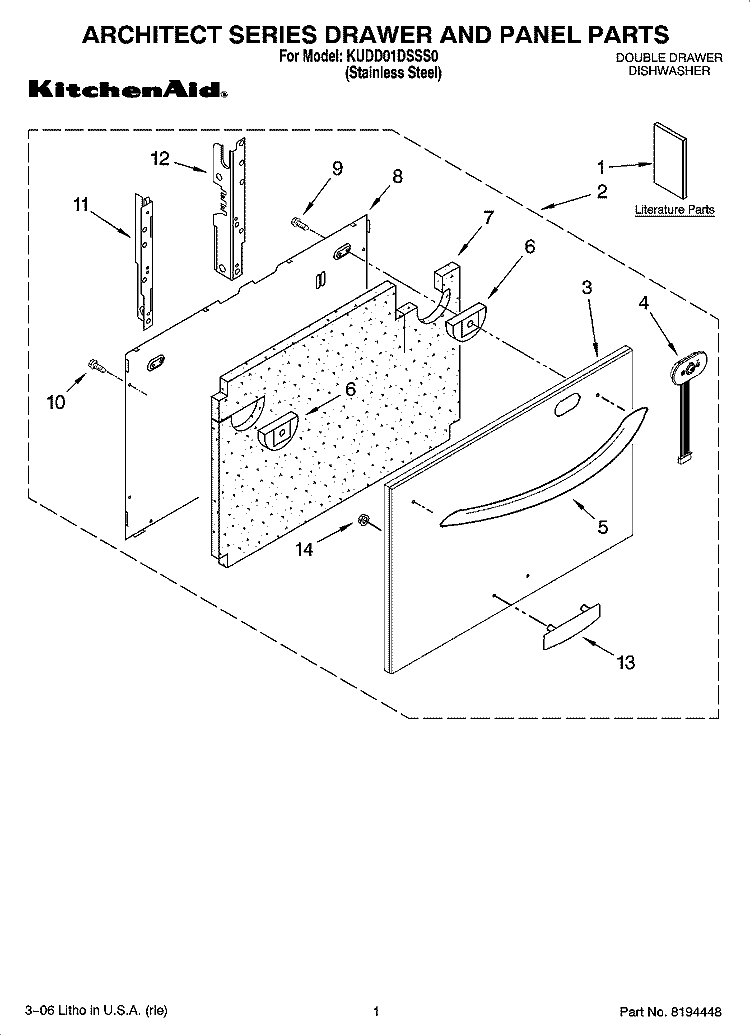ARCHITECT SERIES DRAWER AND PANEL PARTS Diagram and Parts List for KUDD01DSSS0  KitchenAid Dishwasher