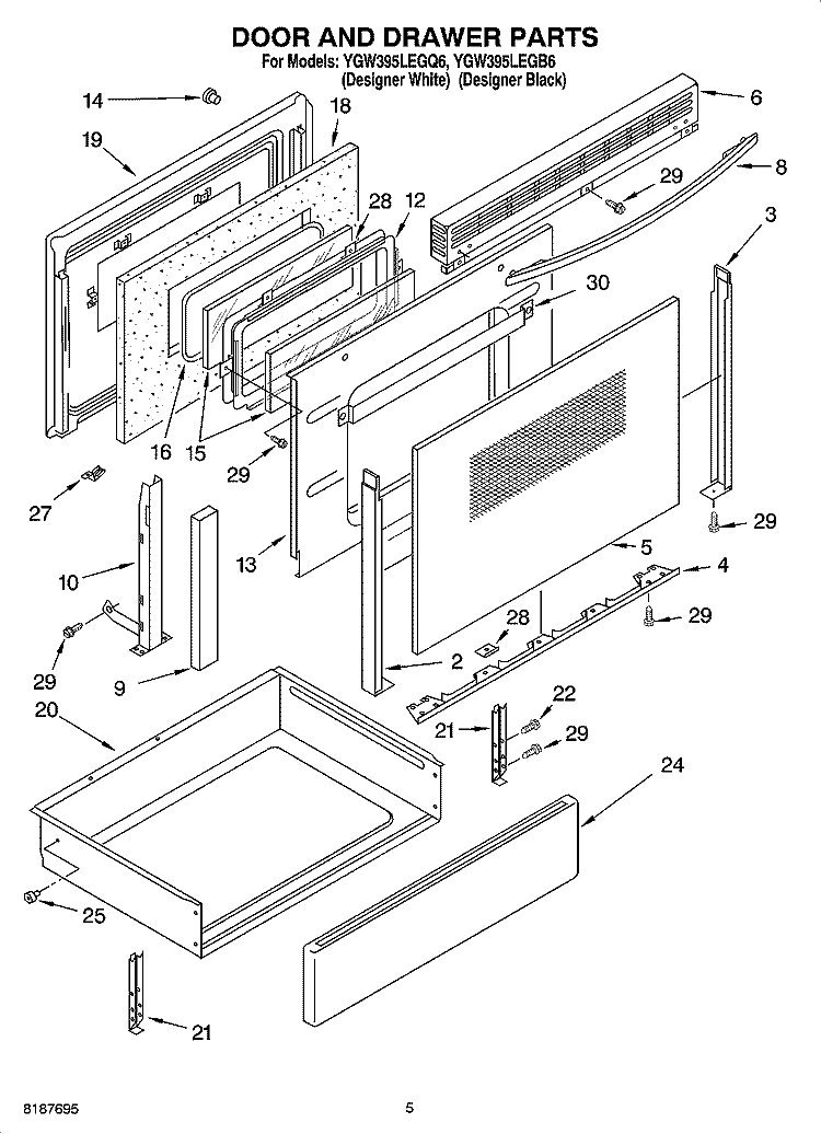 DOOR AND DRAWER PARTS Diagram and Parts List for YGW395LEGQ6  Whirlpool Range