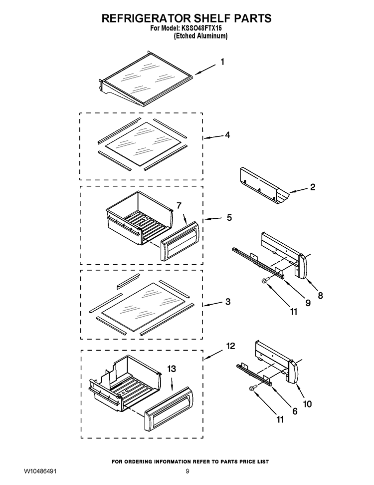 REFRIGERATOR SHELF PARTS Diagram and Parts List for KSSO48FTX15  KitchenAid Refrigerator