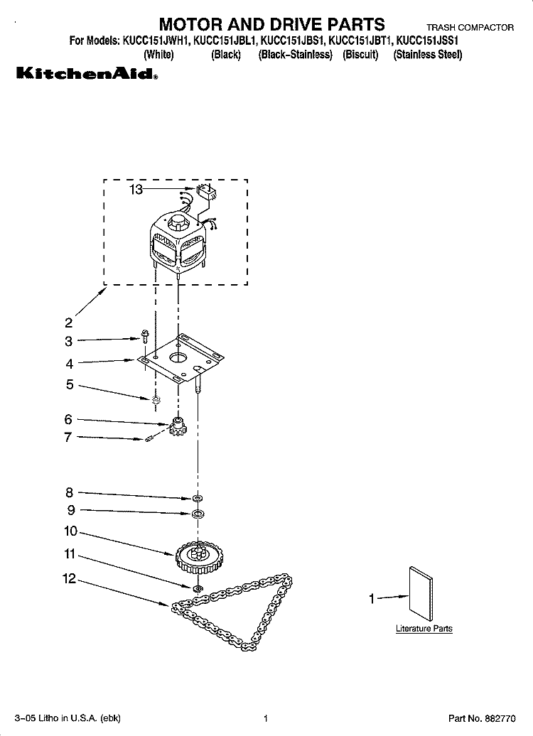 MOTOR AND DRIVE PARTS Diagram and Parts List for KUCC151JBS1  KitchenAid Trash Compactor