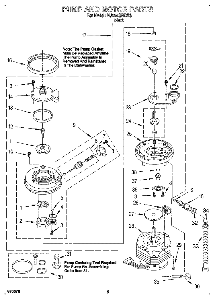 PUMP AND MOTOR Diagram and Parts List for DU920QWDB3  Whirlpool Dishwasher