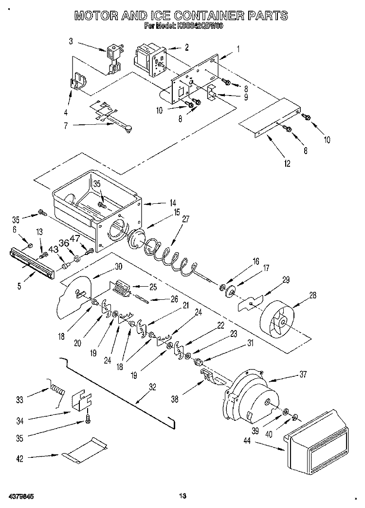 MOTOR AND ICE CONTAINER Diagram and Parts List for KSSS42QDW00  KitchenAid Refrigerator