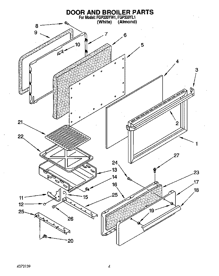 DOOR AND BROILER Diagram and Parts List for FGP320YL1  Roper Range