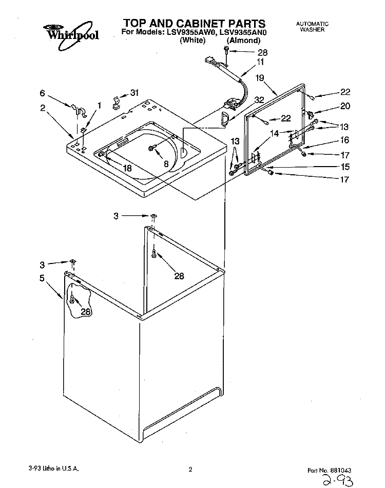 TOP AND CABINET, LIT/OPTIONAL Diagram and Parts List for LSV9355AN0  Whirlpool Washer