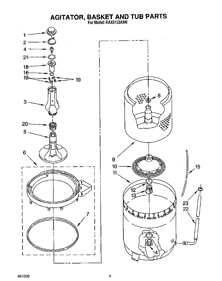 AGITATOR, BASKET AND TUB Diagram and Parts List for RAX5133AG0  Roper Washer