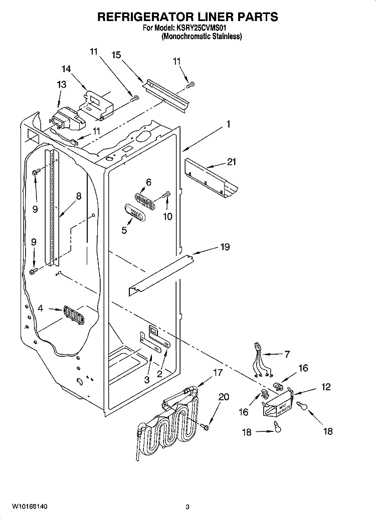 REFRIGERATOR LINER PARTS Diagram and Parts List for KSRY25CVMS01  KitchenAid Refrigerator