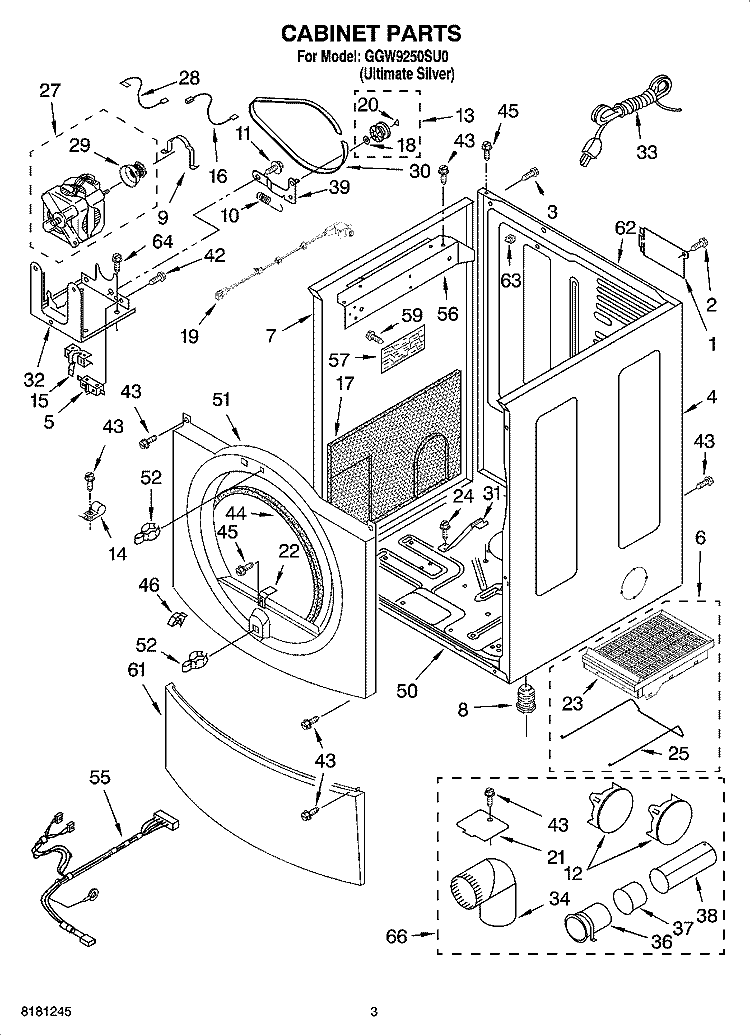 CABINET PARTS Diagram and Parts List for GGW9250SU0  Whirlpool Dryer