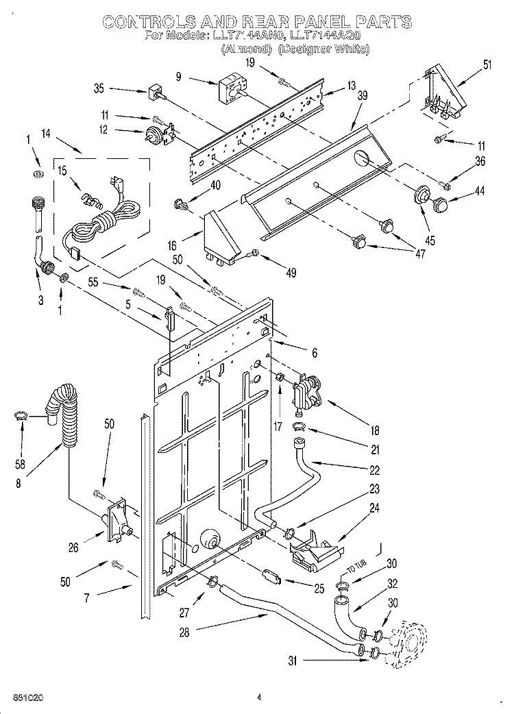 CONTROLS AND REAR PANEL Diagram and Parts List for LLT7144AN0  Whirlpool Washer