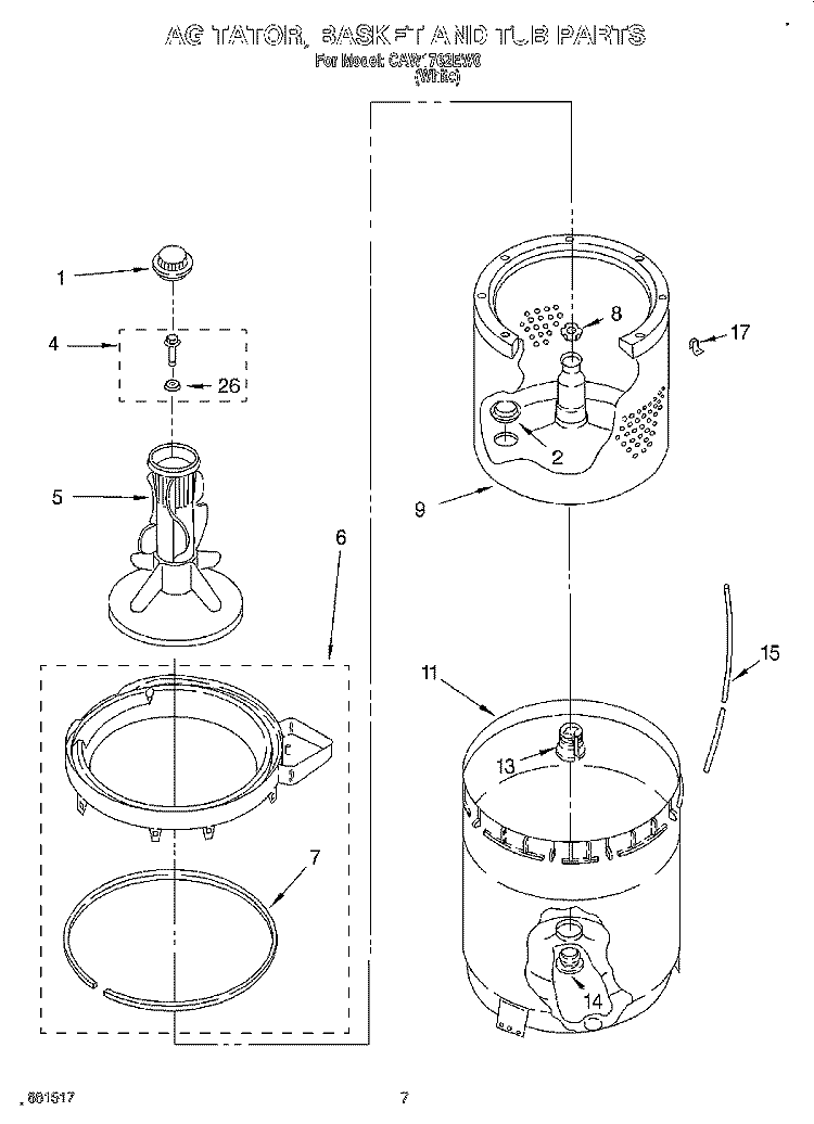 AGITATOR, BASKET AND TUB Diagram and Parts List for CAW1762EW0  Whirlpool Washer