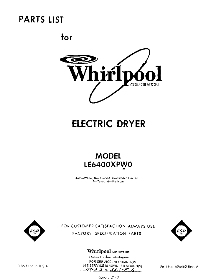 SECTION Diagram and Parts List for LE6400XPW0  Whirlpool Dryer