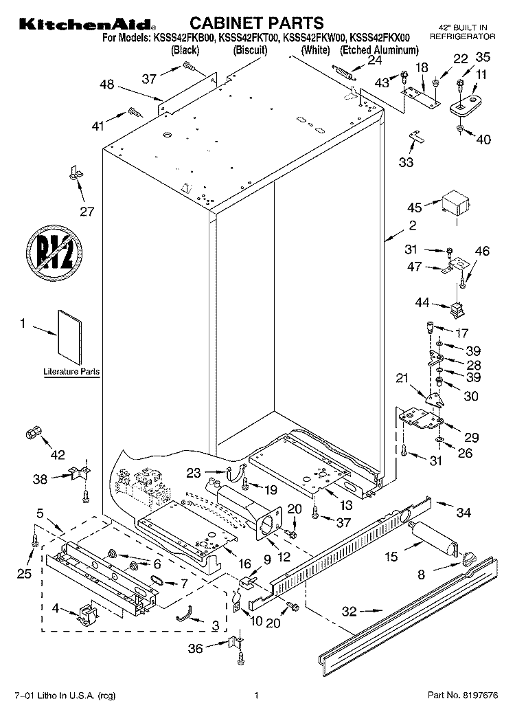 CABINET, LITERATURE Diagram and Parts List for KSSS42FKX00  KitchenAid Refrigerator